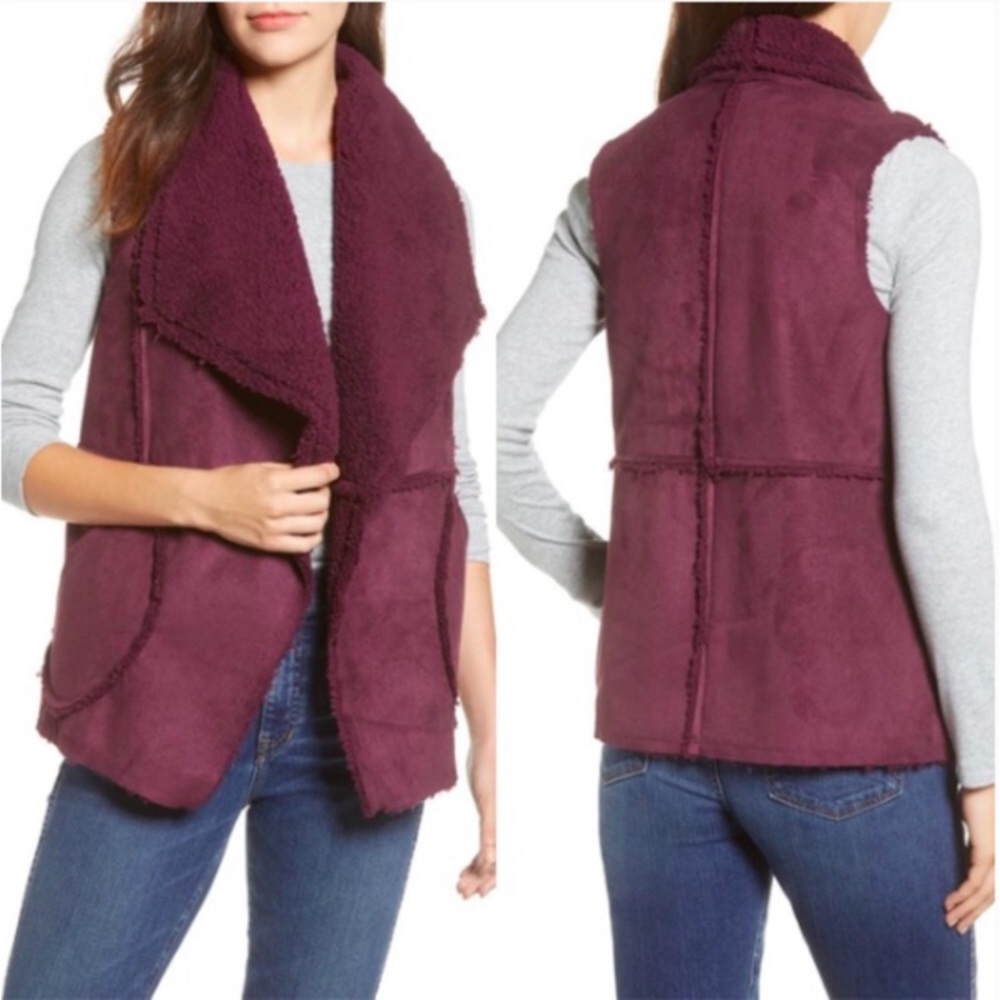 CASLON Plum Faux Fur & Suede Open Front Vest